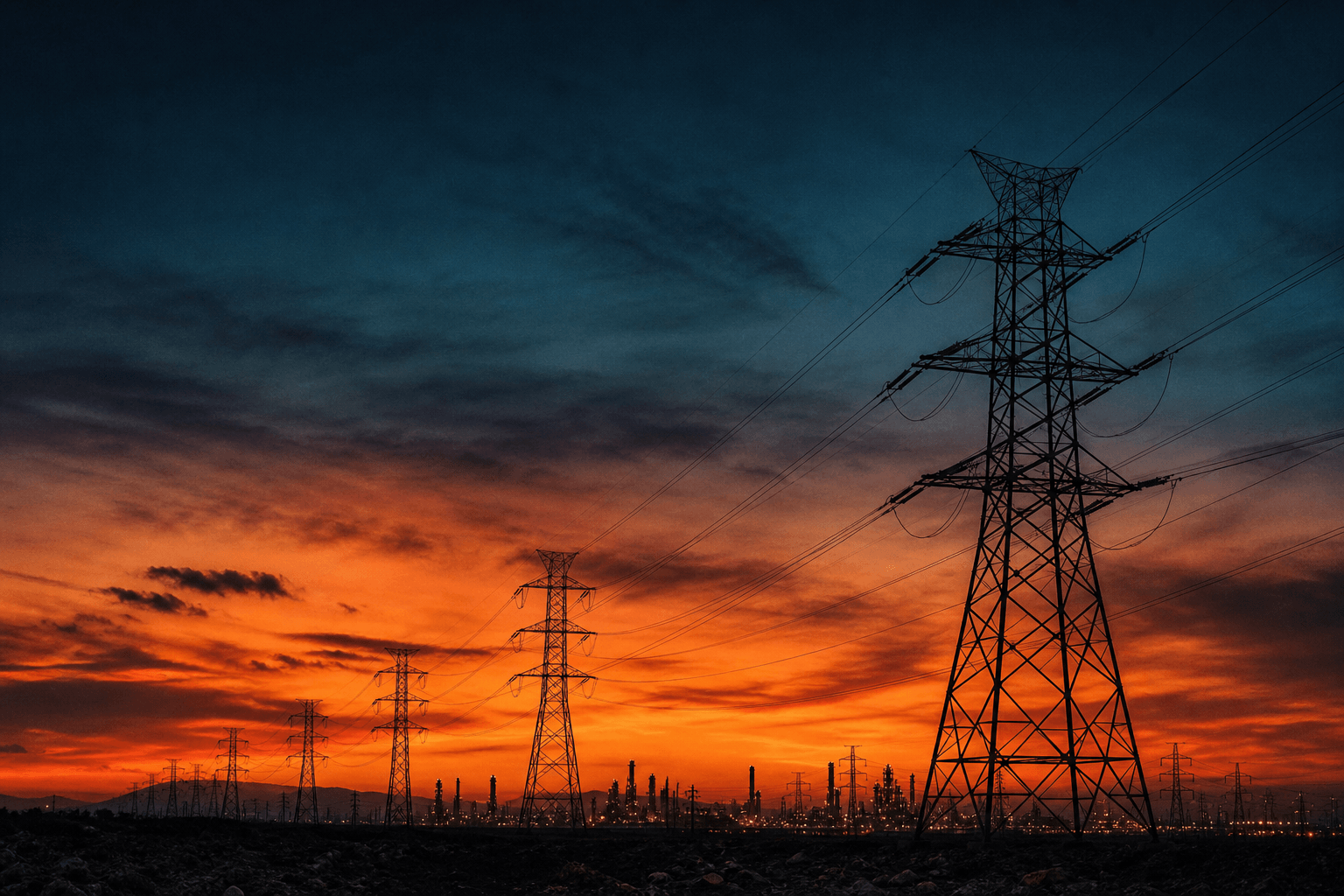 High-voltage transmission at dusk